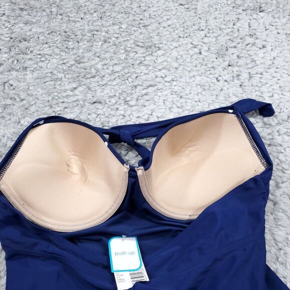 Tropical Escape Halter Tankini Swim Top Retro Push Up Bra Blue Polka Dot Size 14 - Picture 4 of 6